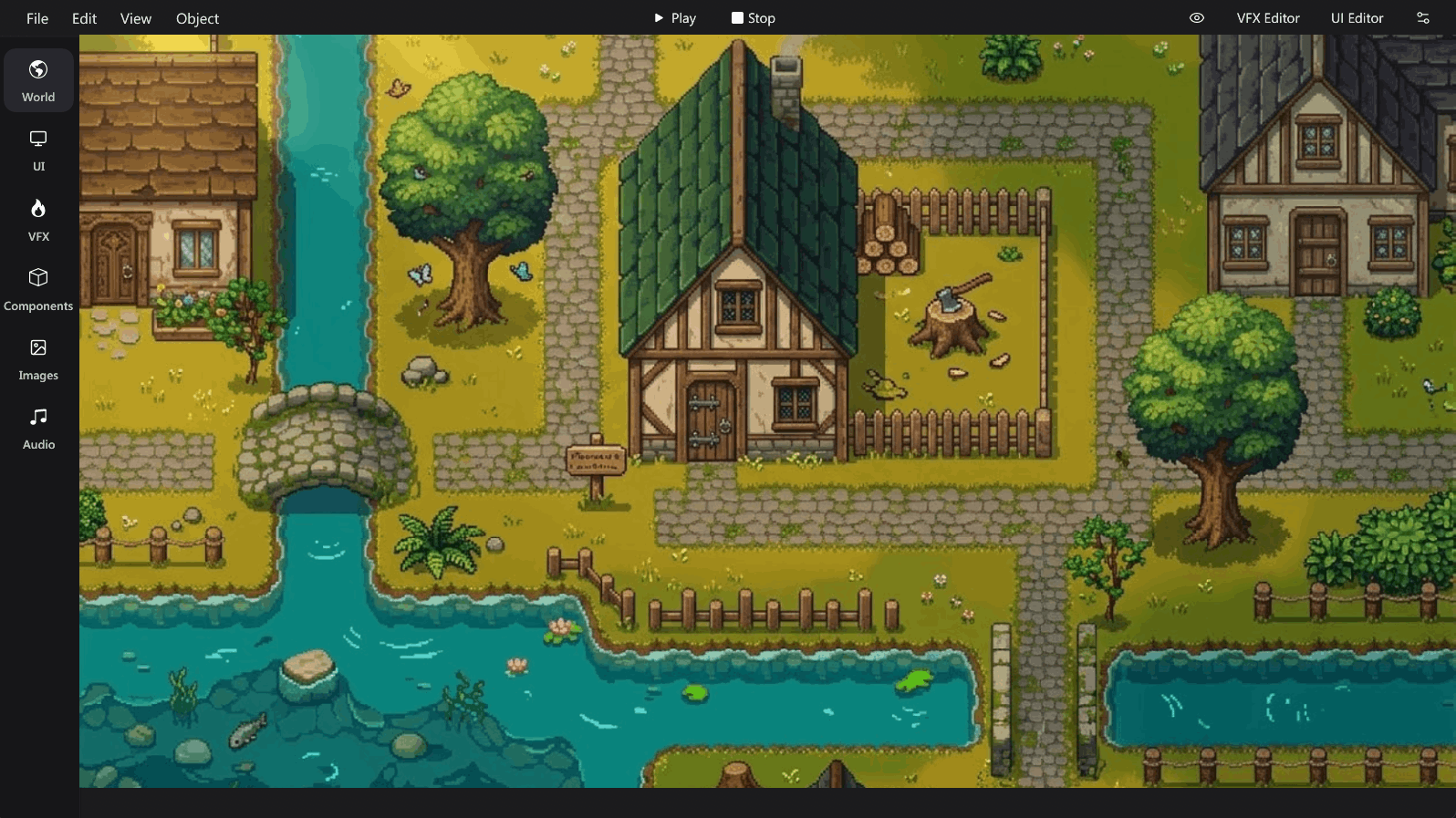 Clay Engine editor showing a pixel art village scene with world, UI, VFX, components, images, and audio tools.