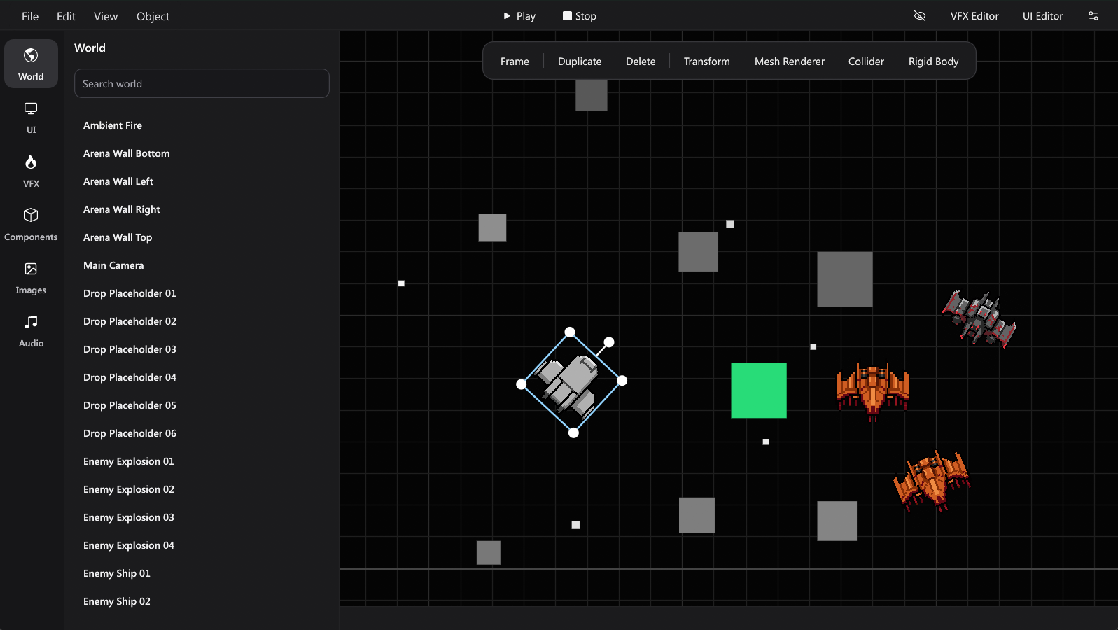 Clay Engine editor showing a live-updating world with ships, collision shapes, and object controls.